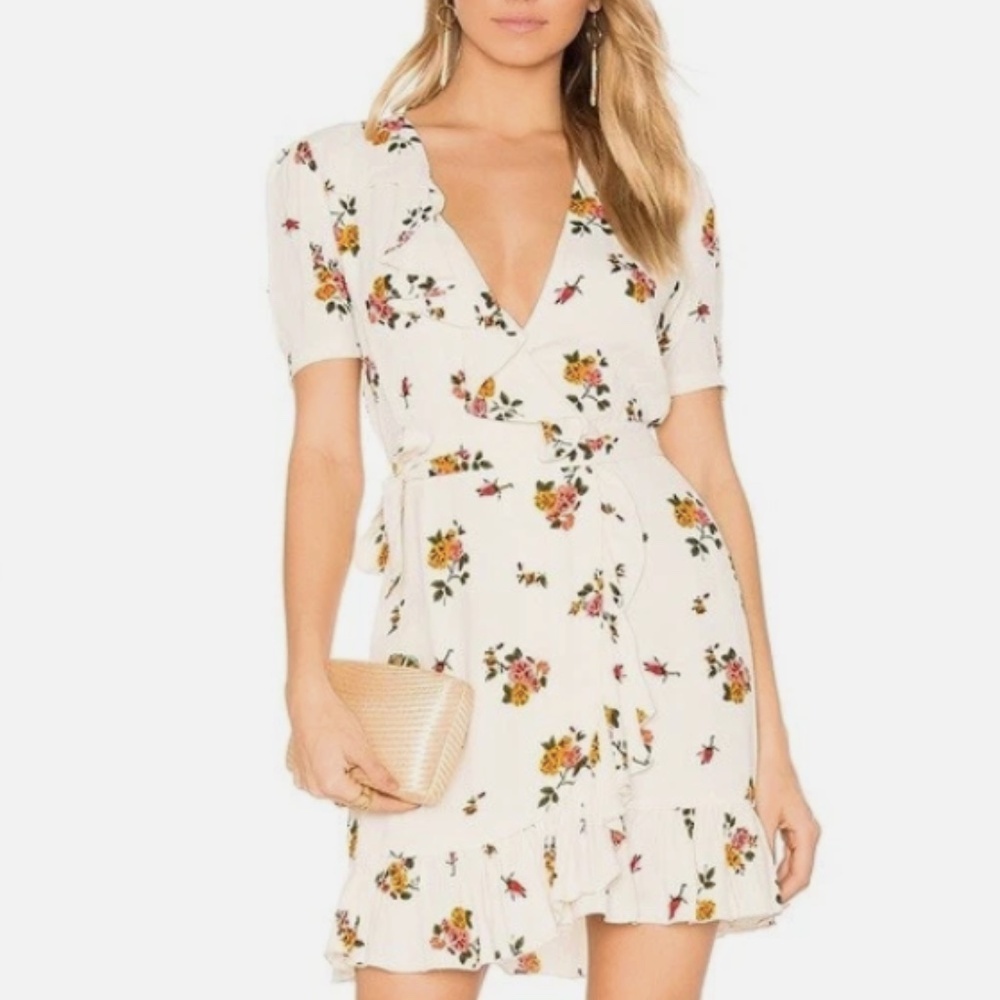 Privacy Please Ivory June Floral Cottagecore Ruffle Trim Wrap Mini Dress Size S